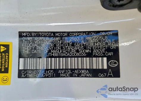 2010 Lexus Hs 250H z USA, uszkodzony, nr VIN JTHBB1BA0A2008036